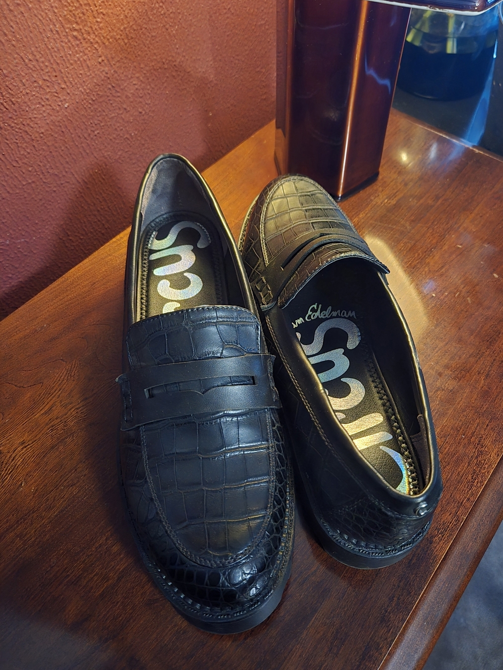 Sam Edelman Black Croc-Embossed Penny Loafers